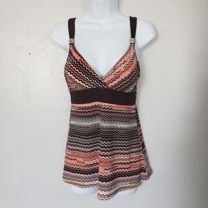 Papaya Large Sleeveless Blouse Tank Top Peach Brown Chevron Stripes V-neck Y2K